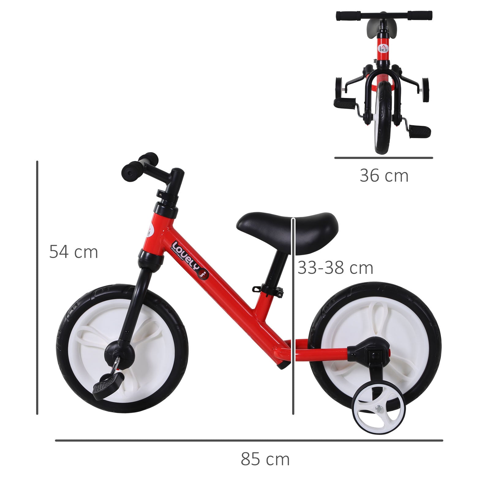 Vélo Enfant draisienne 2 en 1 roulettes et pédales Amovibles Roues 12" Hauteur Selle réglable pour enfants de 2 à 5 ans Acier Rouge