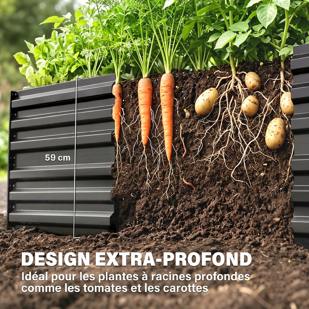 Carré potager de jardin rectangulaire tubes de renforcement acier galvanisé 180 x 90 x 59 cm