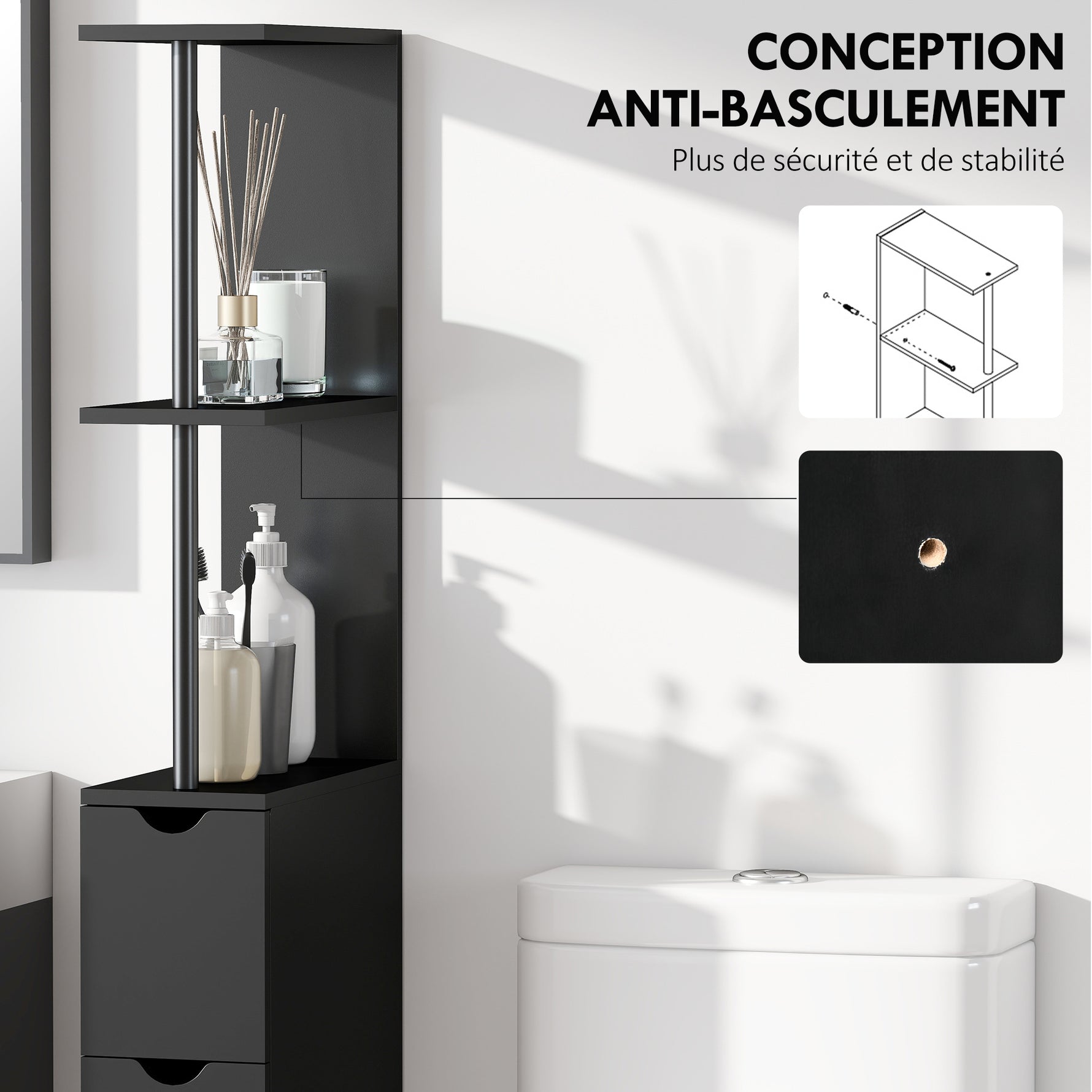 Meuble colonne salle de bain armoire de salle de bain avec tiroirs étagères ouvertes placard 15 x 33 x 136,8 cm noir