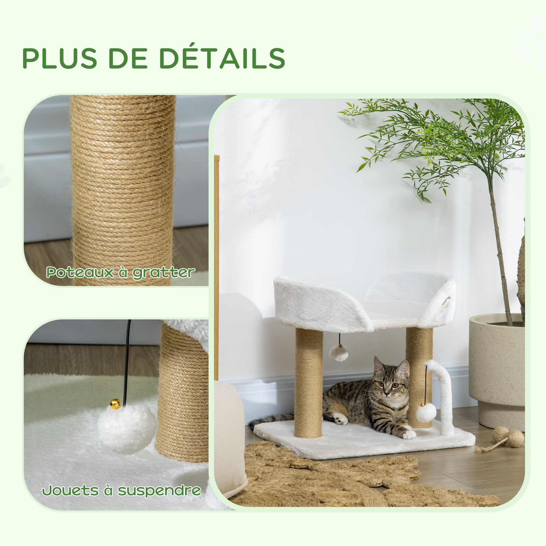 Arbre à chat grattoir design avec jeu 2 pompons suspendus 2 poteaux sisal plateforme peluche sisal 48 x 38 x 42 cm beige