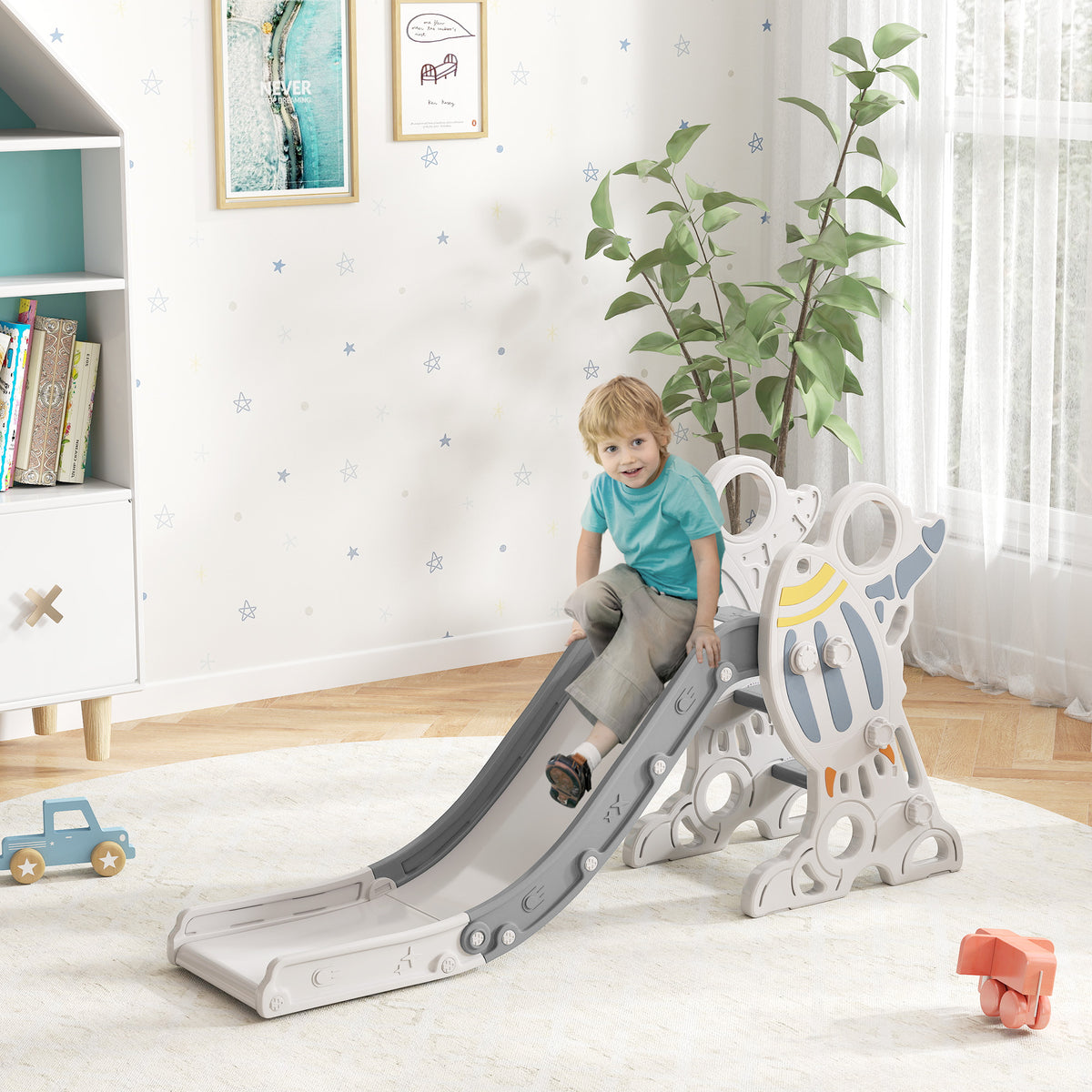 Kinderrutsche, Indoor-Rutsche für Kinder, von 18 bis 36 Monaten, bis 30 kg, 157L x 46,5B x 80H cm, Grau