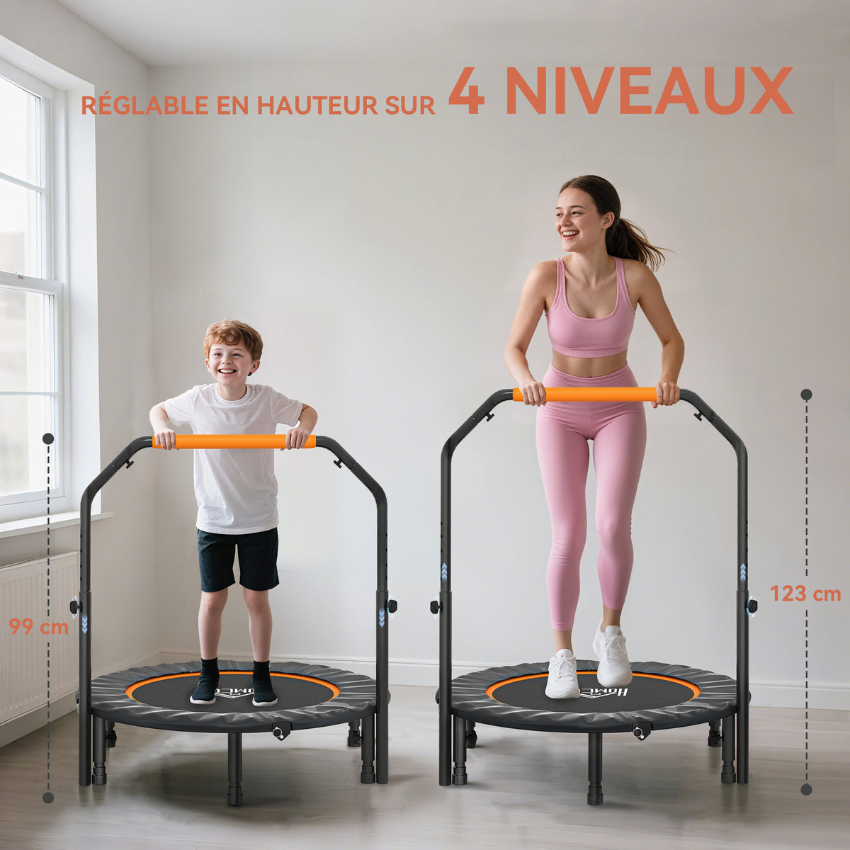 Fitness-Trampolin mit verstellbarem Haltegriff, klappbar, 6 Beine, 28 Federn, Ø 102 cm, schwarz-orange