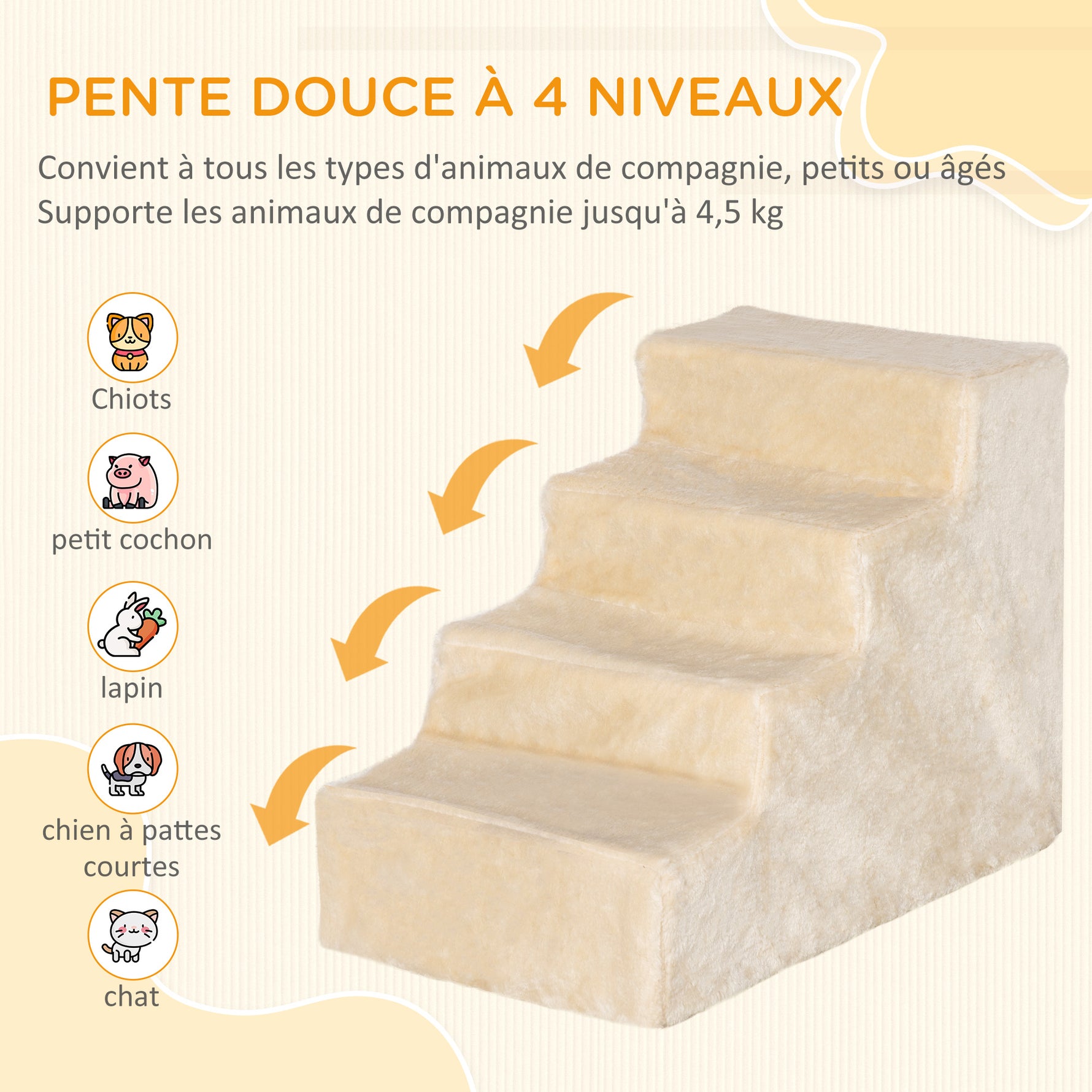 Escalier pour chien à 4 marches escalier pour chat échelle antidérapante housse amovible et lavable 60 x 35 x 44cm beige