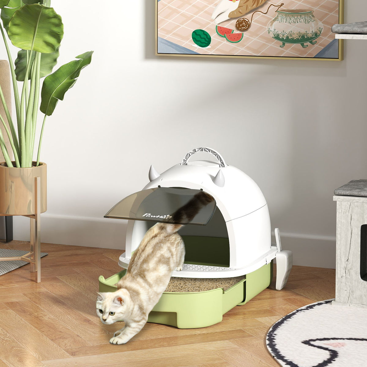 Maison de toilette pour chat bac à litière fermé chat poignée de transport porte translucide 40,5 x 52 x 39 cm vert