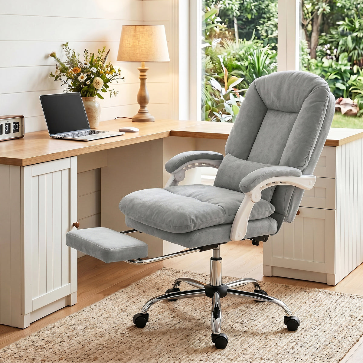 Chaise bureau ergonomique, fauteuil de bureau inclinable en velours avec support lombaire, hauteur réglable, gris clair