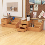 Lot de 2 boîtes de Rangement de Bureau - Organiseur de Bureau - 7 Compartiments, 2 tiroirs - Bambou Verni