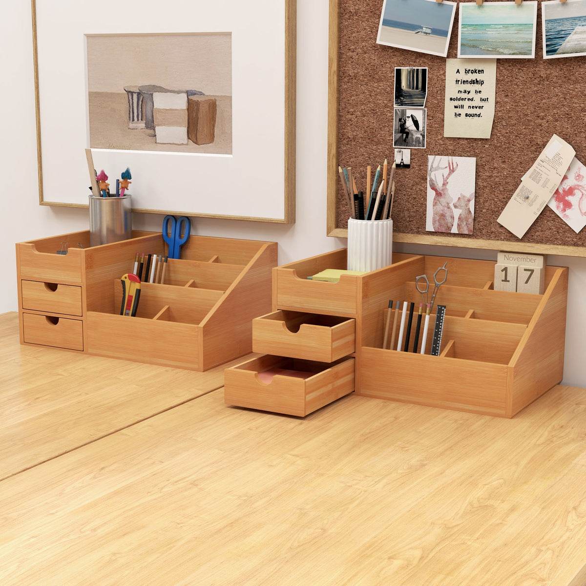 Lot de 2 boîtes de Rangement de Bureau - Organiseur de Bureau - 7 Compartiments, 2 tiroirs - Bambou Verni
