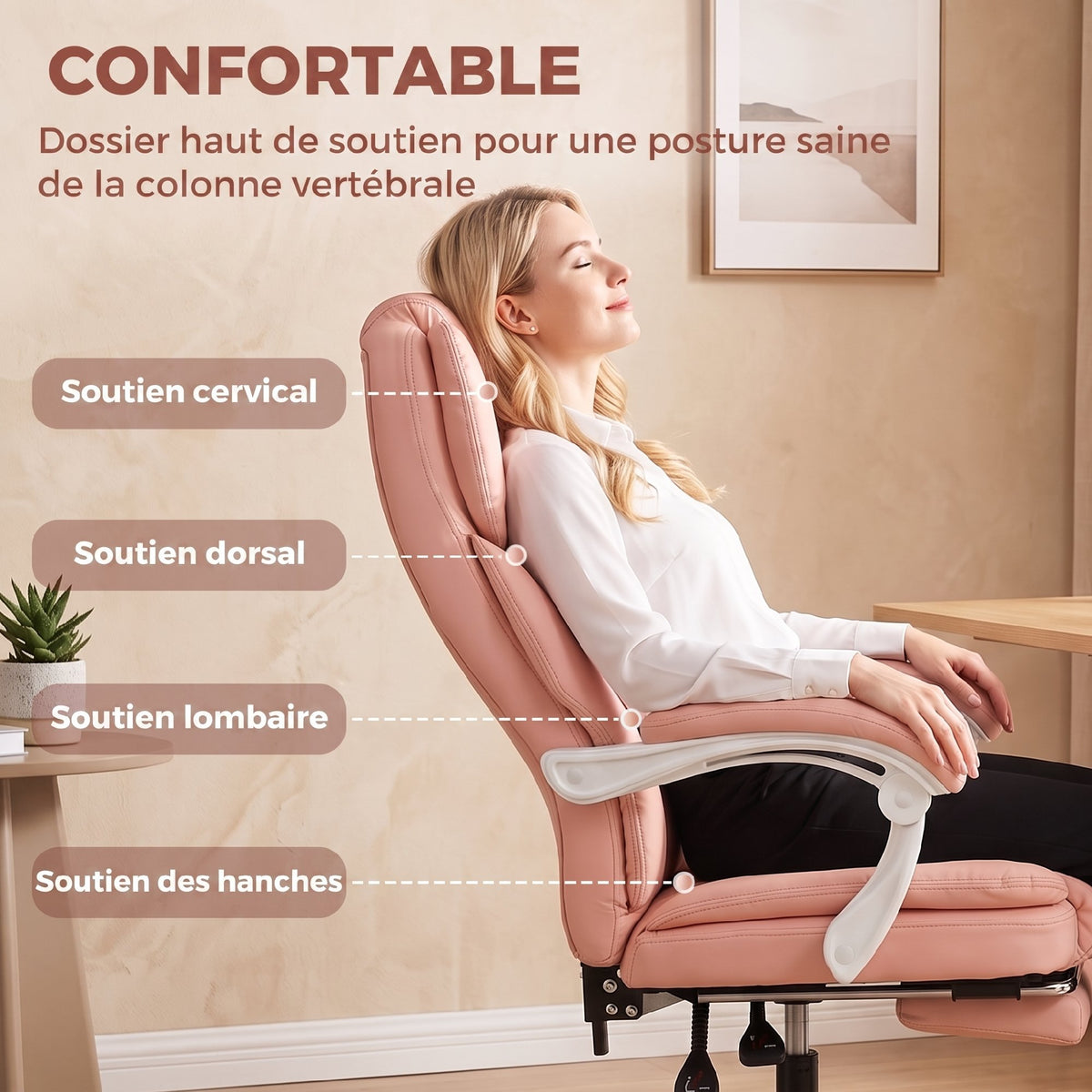 Chaise Bureau Ergonomique, Fauteuil de Bureau Inclinable en Cuir Synthétique Adapté aux Animaux, Hauteur Réglable, Rose
