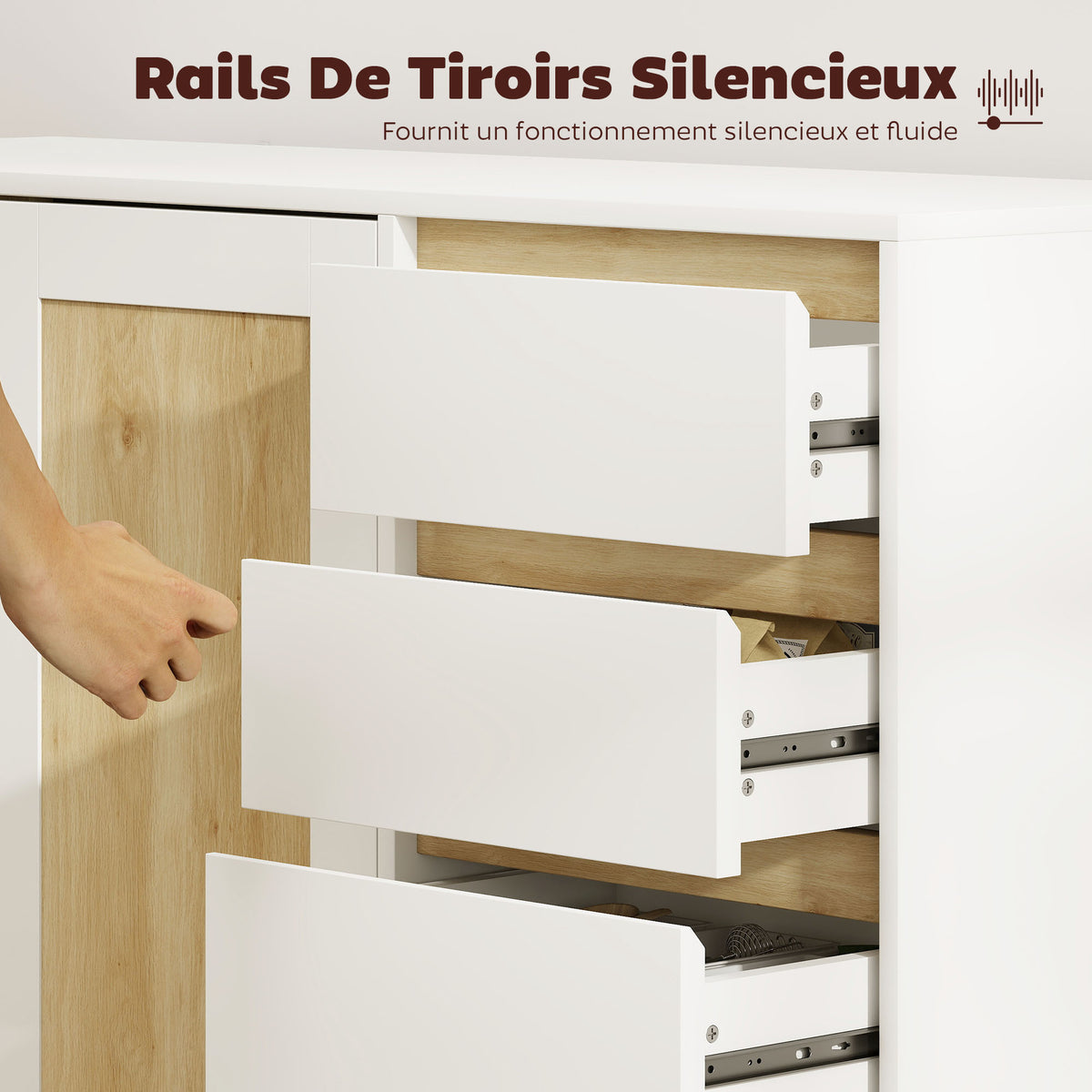 Buffet, meuble de rangement avec 2 portes et 4 tiroirs, étagère réglable, 120 x 40 x 86 cm, blanc et chêne