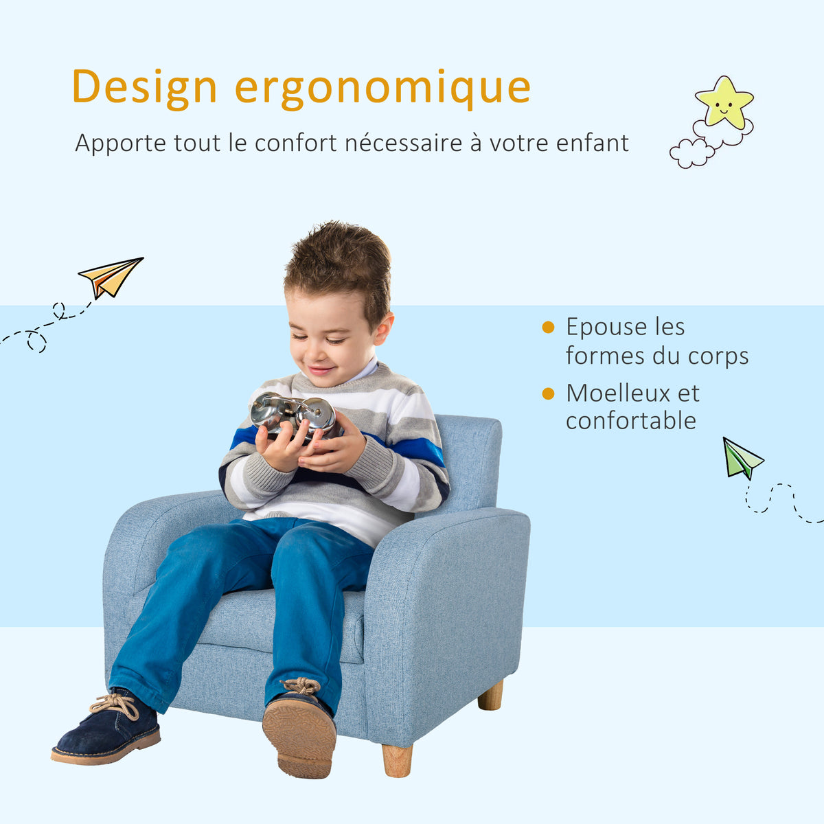 Fauteuil Enfant Design scandinave accoudoirs Assise Dossier garnissage Mousse piètement Bois Caoutchouc Lin Bleu