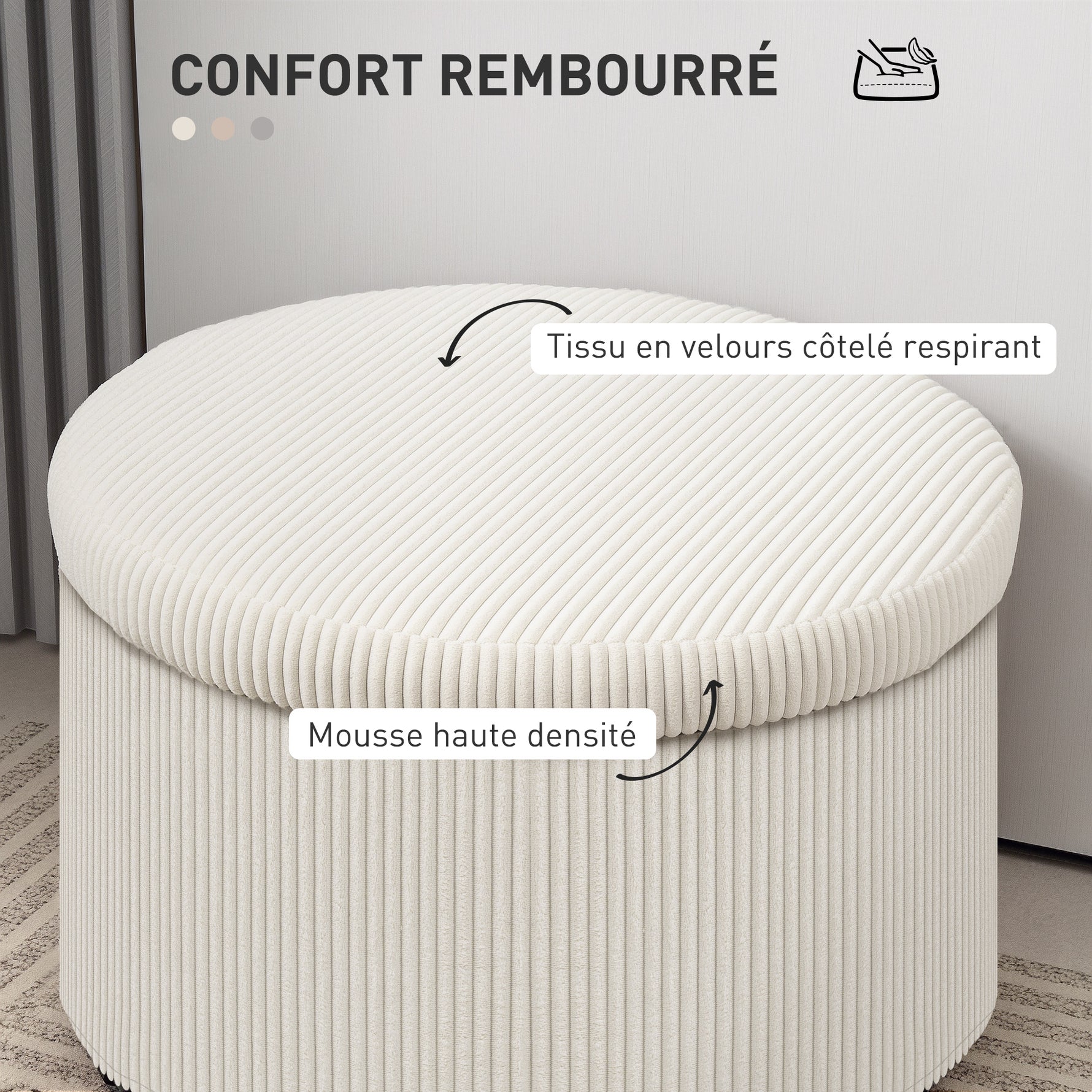 Pouf coffre rangement, tabouret rond, pouf repose-pieds en velours côtelé, charge 120 Kg, Ø 60 x 41 cm, beige