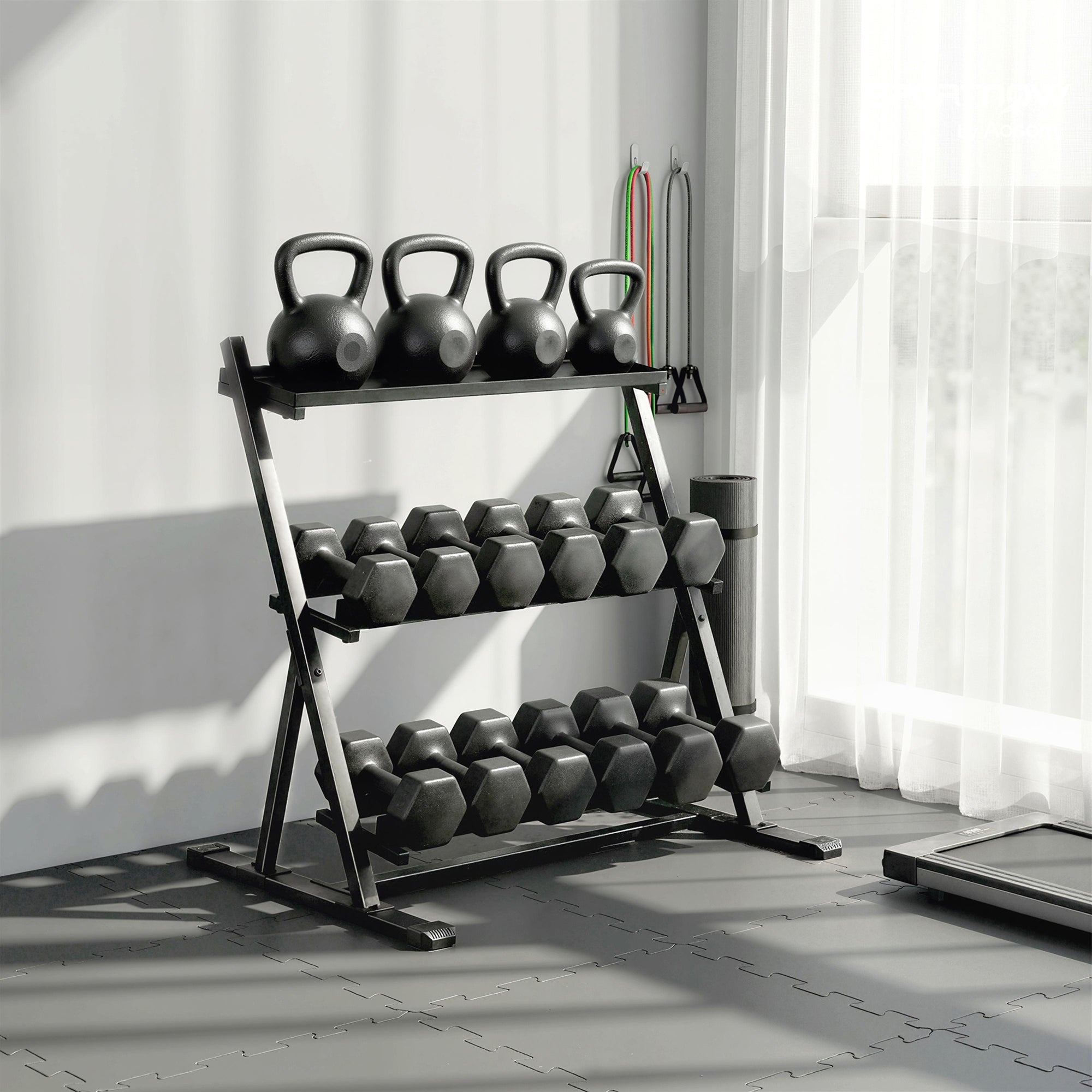 3-stufiger Hantelständer, verstellbare Gewichtablage aus Stahl für Hanteln, Kettlebells, schwarz