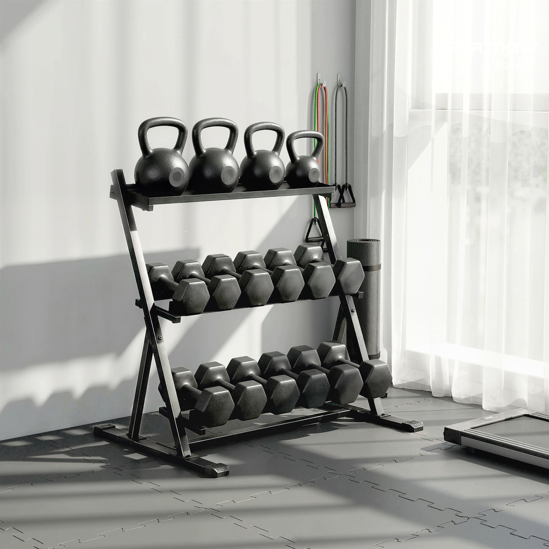 Support pour haltères à 3 niveaux, support de poids réglable en acier pour haltères, kettlebells, noir