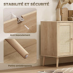 Buffet salon meuble de rangement placards à portes en cannage et étagère réglable 140 x 40 x 75 cm effet bois naturel