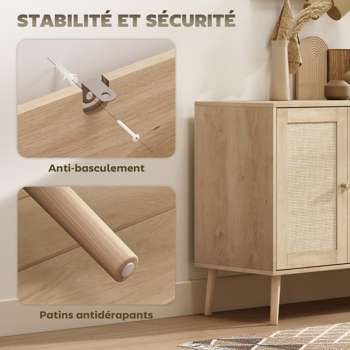 Buffet salon meuble de rangement placards à portes en cannage et étagère réglable 140 x 40 x 75 cm effet bois naturel