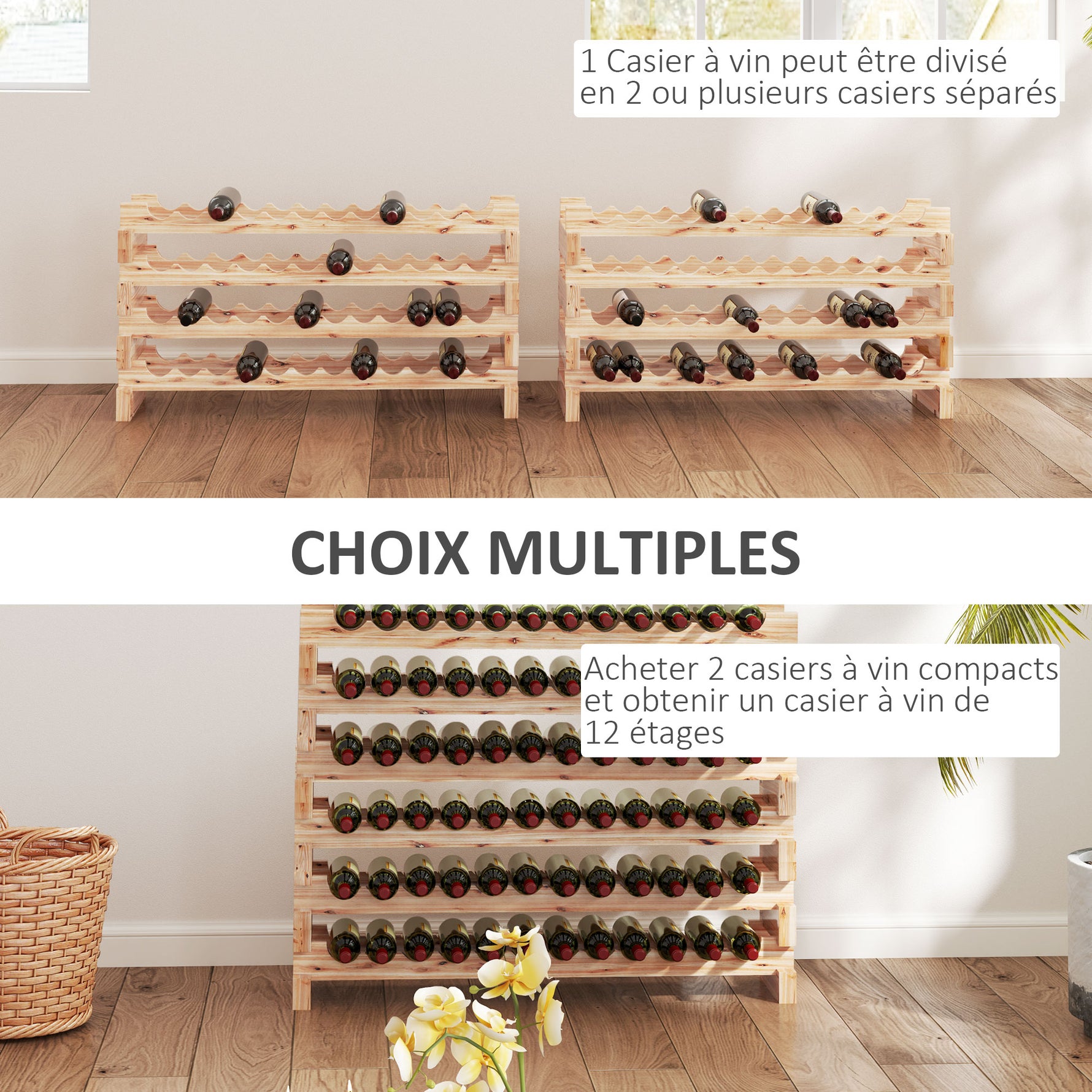 Casier à bouteilles pour 96 bouteilles, étagère à vin avec 8 niveaux modulable, 114×28×113,5cm, bois naturel