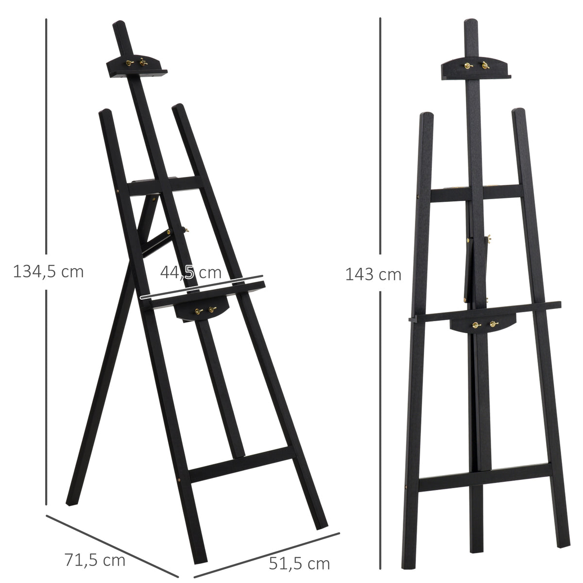 Artistaren zurezko astoa, neurriak: 51,5L x 71,5l x 134,5H cm, 90°-ko gehienezko inklinazio erregulagarria, pinu-egurra