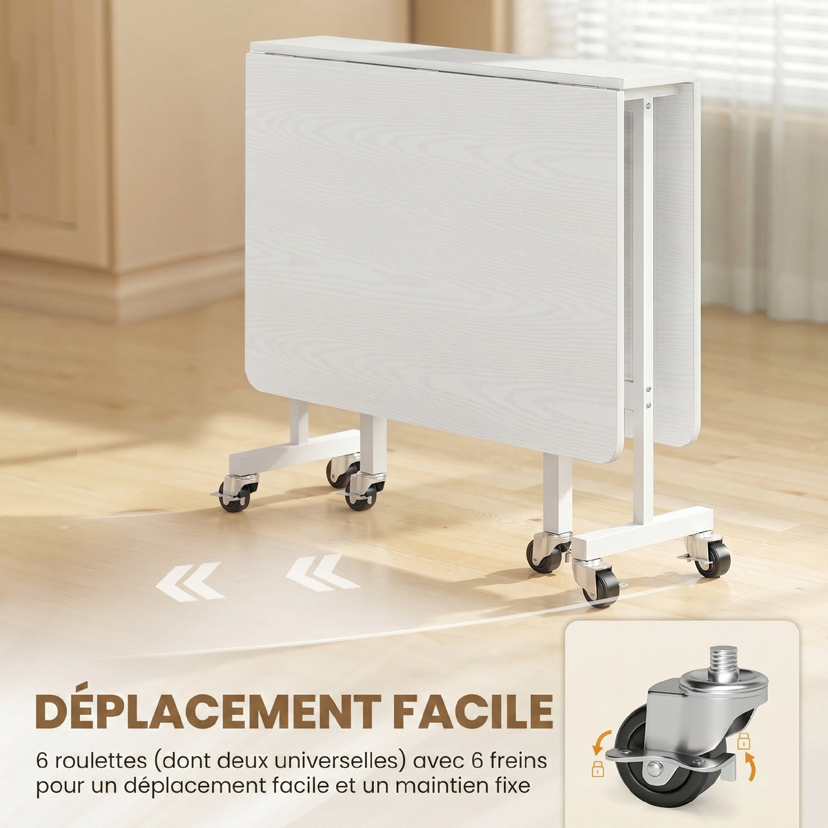 Mesa de Comedor Plegable con Ruedas para 4-6 Personas 120 cm, Ruedas con Frenos, 2 Abatibles, Estilo Industrial, Blanco
