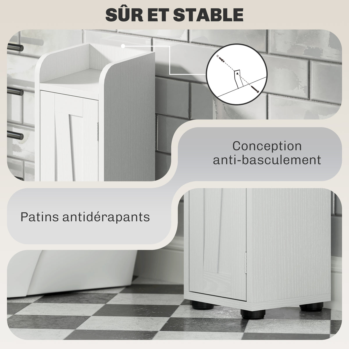 Armoire salle de bain haute, meuble de rangement colonne, 2 portes, tiroir, étagères réglables, 20x20x185cm, blanc