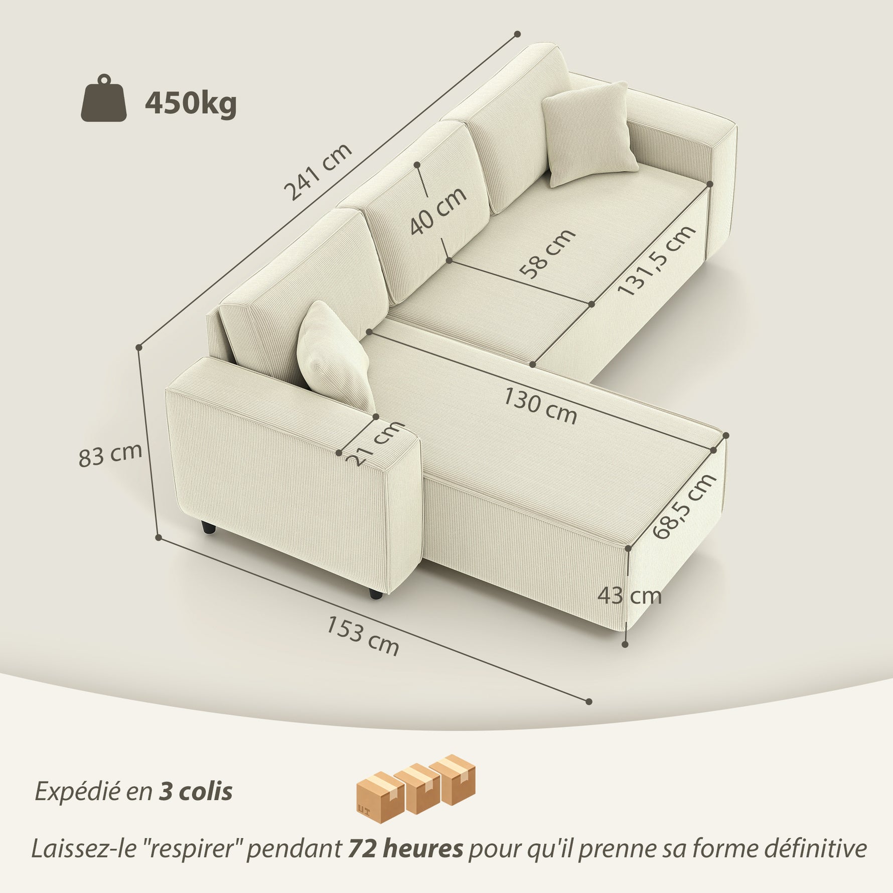 Canapé d'angle réversible 3 places moderne avec coussins inclus, tissu velours côtelé, crème
