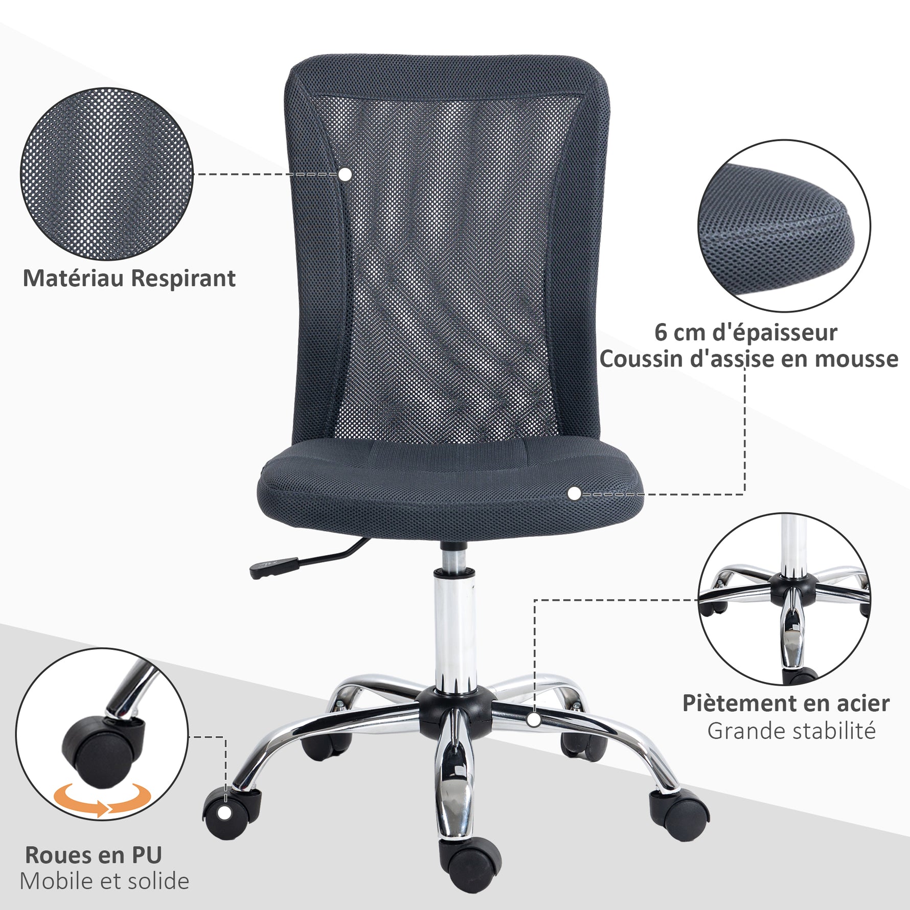 Chaise de bureau ergonomique hauteur réglable piètement chromé pivotant 360° revêtement maille gris foncé