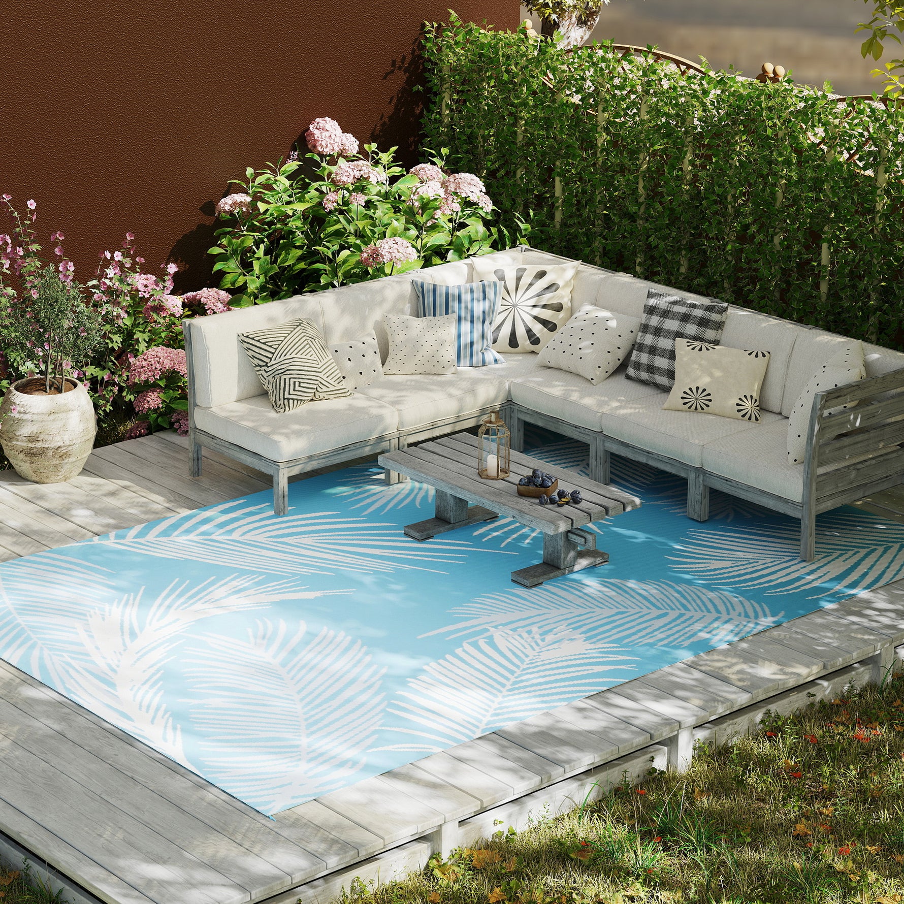 Tapis d'extérieur réversible 274x182 cm, tapis de sol en PP résistant aux intempéries, sac de transport, bleu
