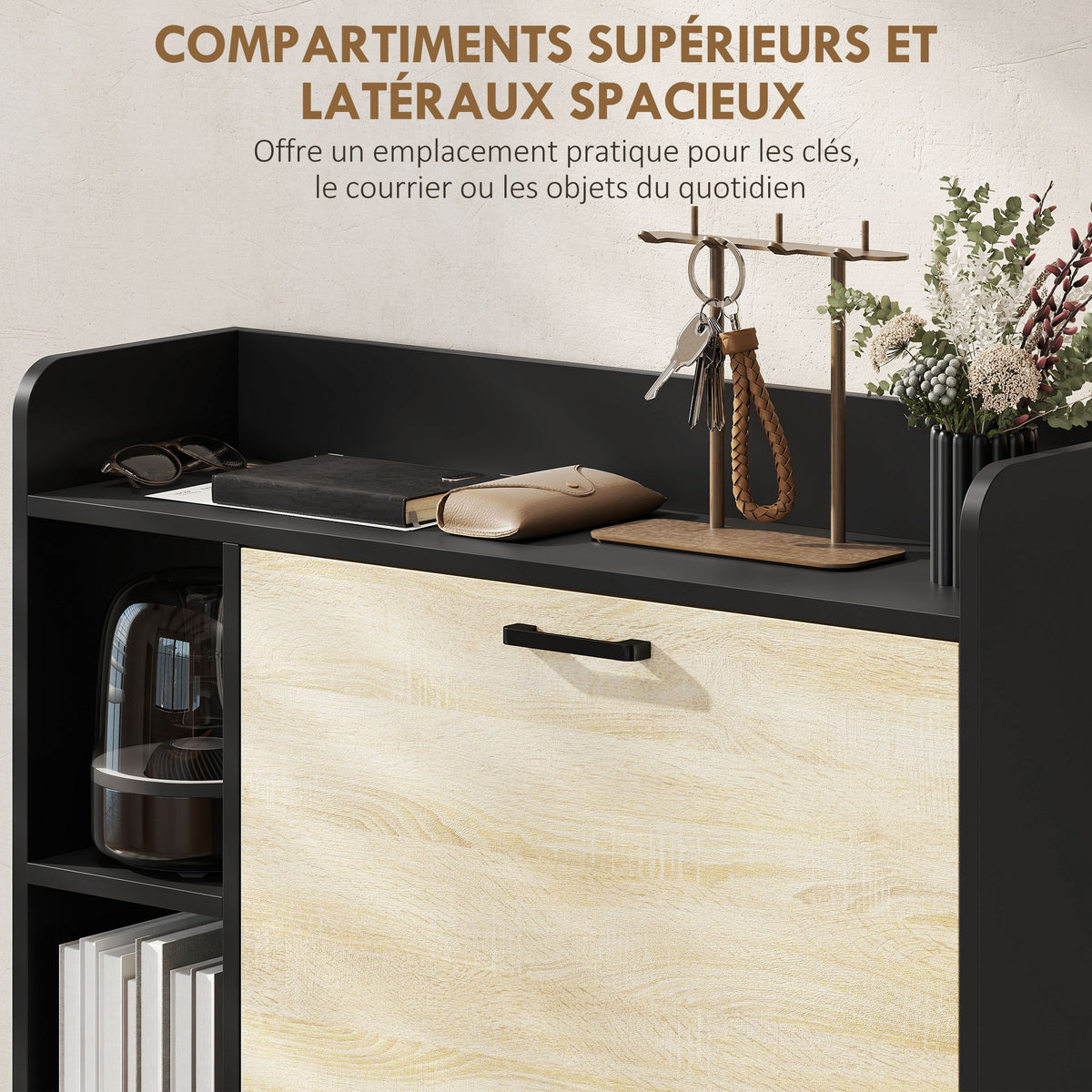 Meuble à chaussures 15 paires, armoire à chaussures moderne avec 2 tiroirs rabattables, 83x24x90,5cm, noir