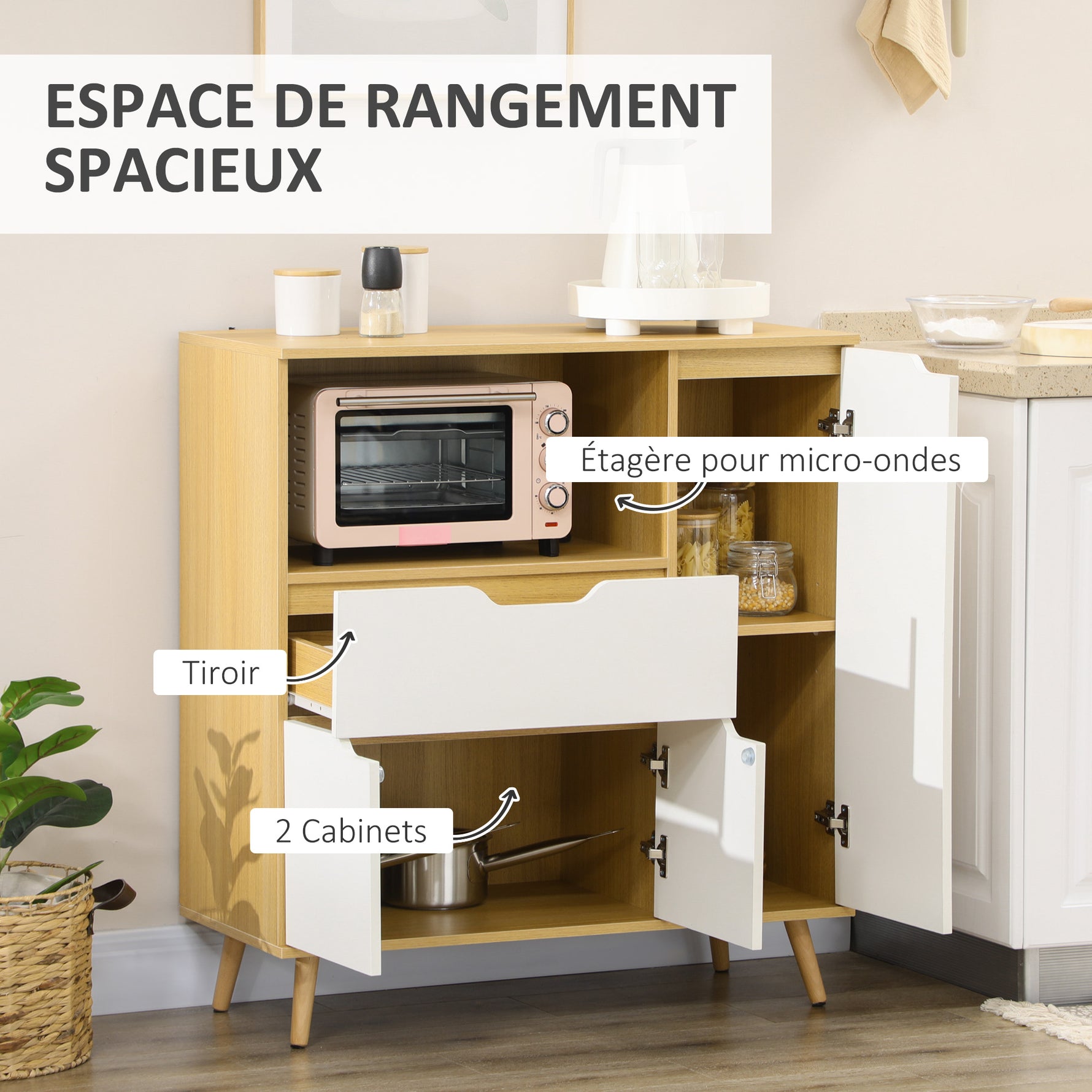 Meuble de rangement cuisine pour micro-ondes, 1 tiroir, 2 placards une étagère, 90 x 40 x 98,5 cm, bois et blanc