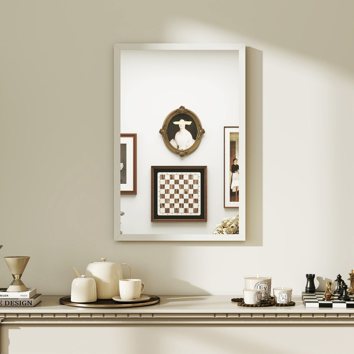 Miroir mural rectangulaire 60 x 40 cm, cadre en bois blanc, idéal pour la salle de bain, salon ou chambre