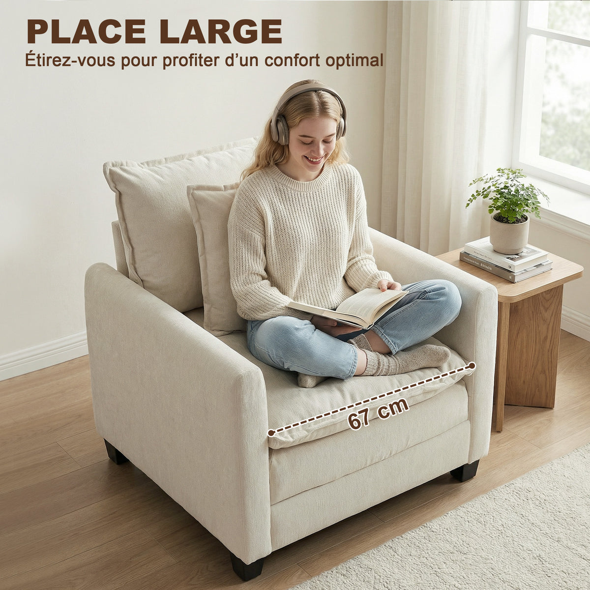 Fauteuil salon avec repose-pied, canapé 1 place en chenille, assise large, rembourrage double couche, 85x128x86cm, crème