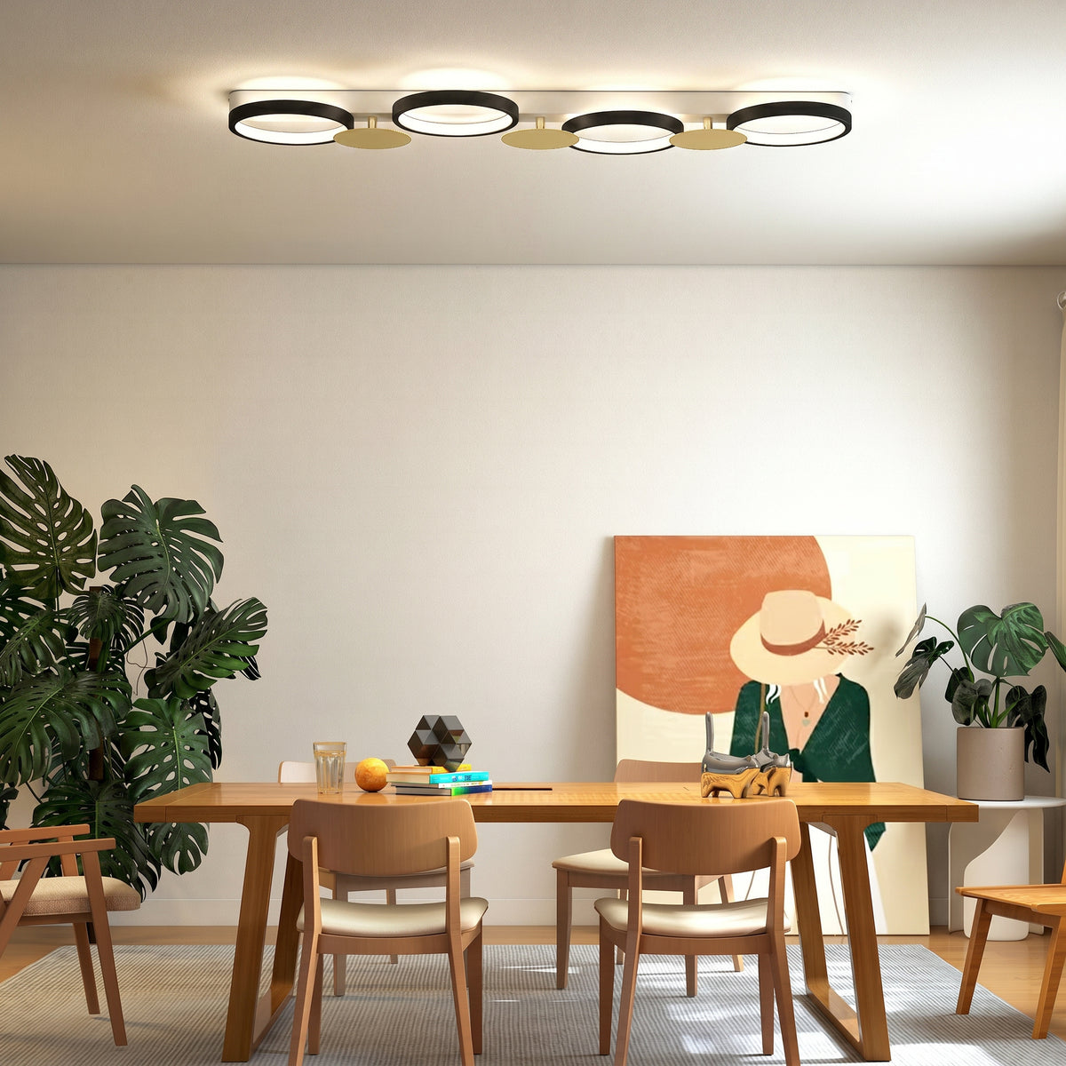 Plafonnier LED 38W, luminaire plafonnier 4 lumières à montage affleurant, télécommande, 100 x 31 x 7 cm, doré et noir