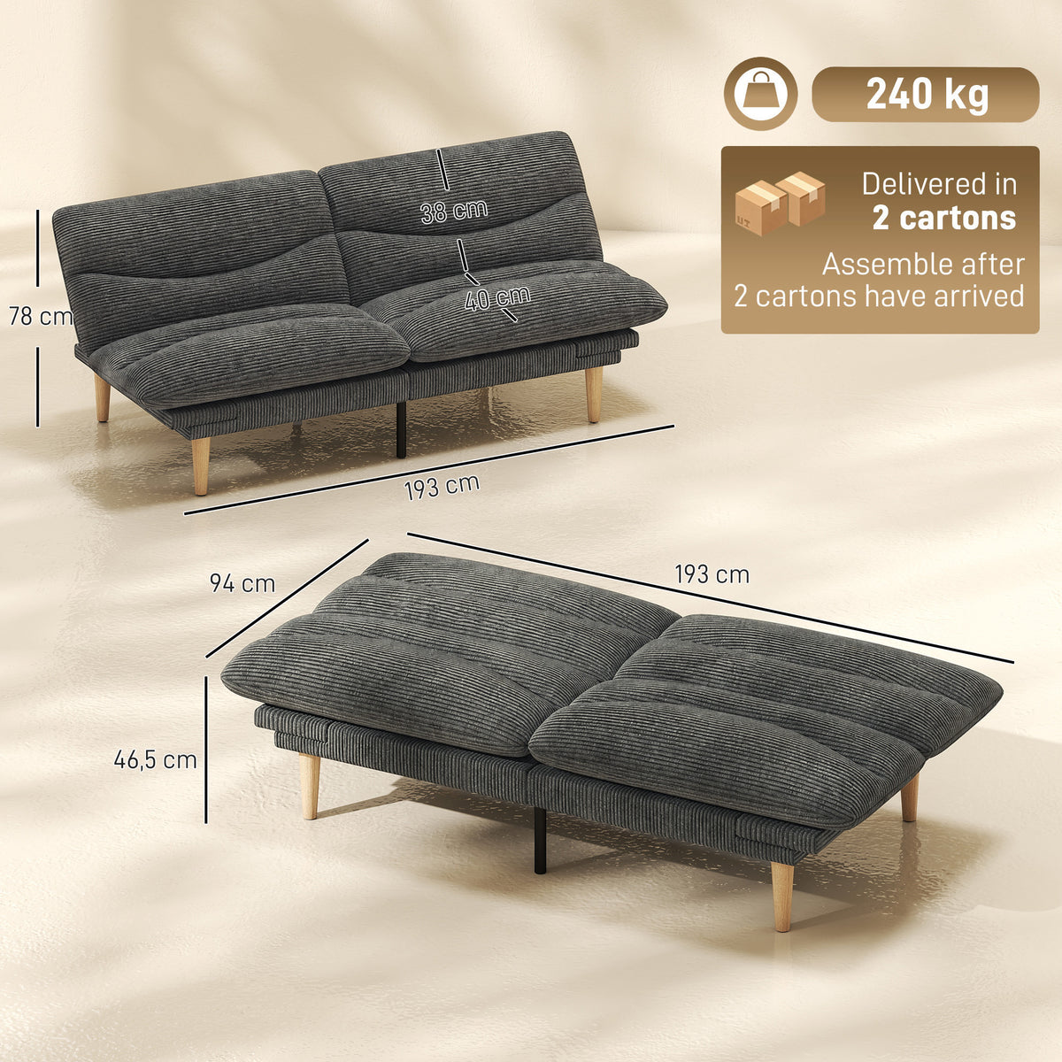 Sofá cama convertible de 2 plazas 3 en 1, sofá cama tipo clic-clac de pana de 193 cm, respaldo y reposabrazos ajustables, gris