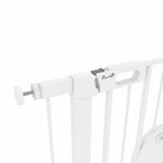 Pet safety gate with auto-close door and double-locking system, white steel