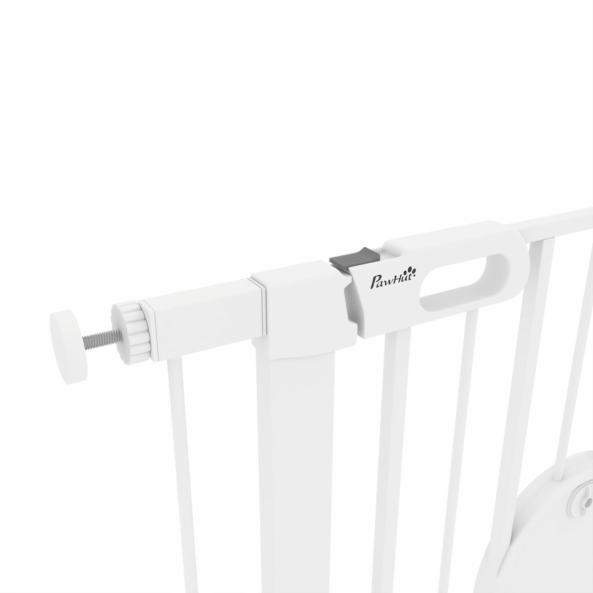 Pet safety gate with auto-close door and double-locking system, white steel