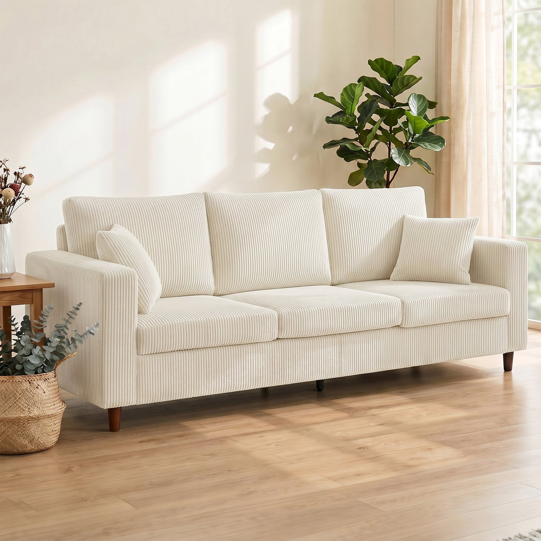 Canapé 3 Places en Velours Côtelé, Canapé de Salon Moderne 225 cm, Assise Large, Coussin à Ressorts, Crème