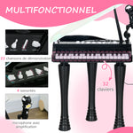 Piano enfant électronique 32 touches multifonctions avec micro haut parleur tabouret couvercle lumineux LED noir