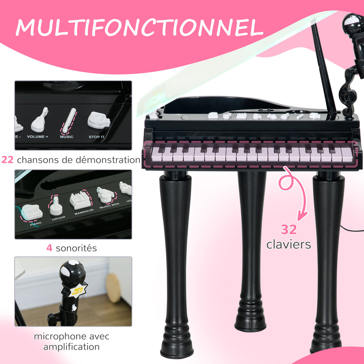 Piano enfant électronique 32 touches multifonctions avec micro haut parleur tabouret couvercle lumineux LED noir