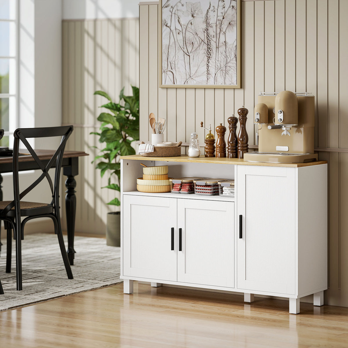Buffet, meuble de rangement avec 3 portes, compartiment ouvert et étagères réglables, 110 x 33 x 75 cm, blanc