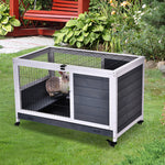 Clapier lapin intérieur, cage lapin avec toit ouvrant, roulettes, plateau amovible et rampe, cage en bois, 90 x 53 x 59 cm, gris foncé et blanc