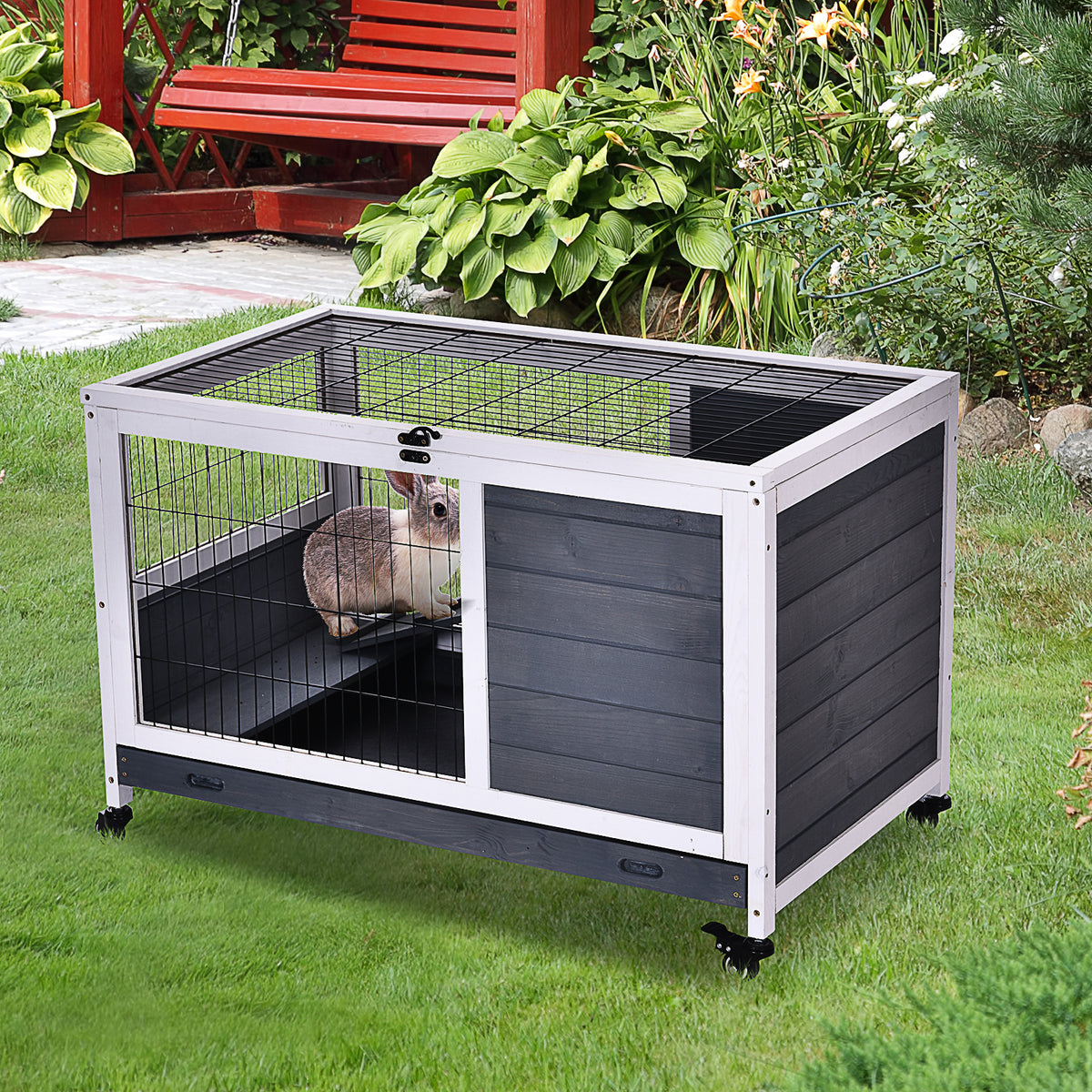 Clapier lapin intérieur, cage lapin avec toit ouvrant, roulettes, plateau amovible et rampe, cage en bois, 90 x 53 x 59 cm, gris foncé et blanc