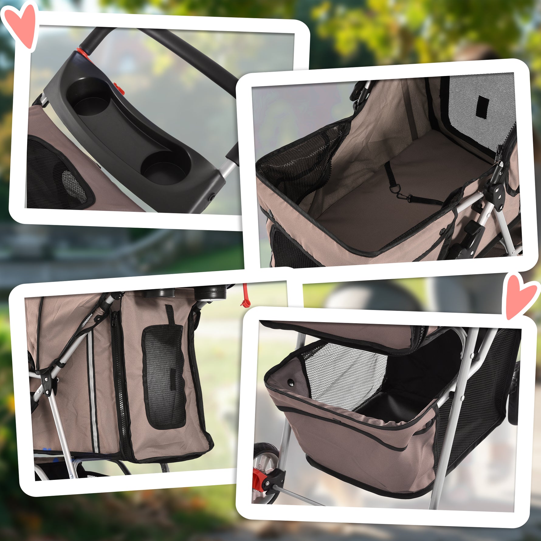 Poussette Buggy Pliable Animaux, Chariot Pliant Chien Chat, Porte-Gobelet Panier de Rangement Inclus, Roues avec Frein, Tissu 600D Oxford Acier, 75 x 45 x 97 cm Marron