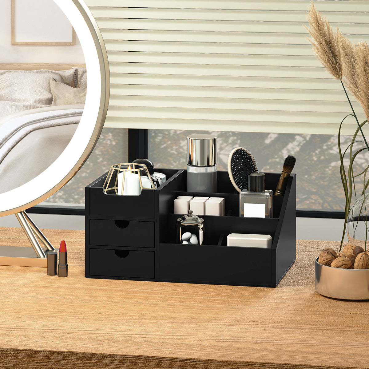 Schreibtisch-Aufbewahrungsbox - Schreibtisch-Organizer - 7 Fächer, 2 Schubladen - Bambus schwarz lackiert