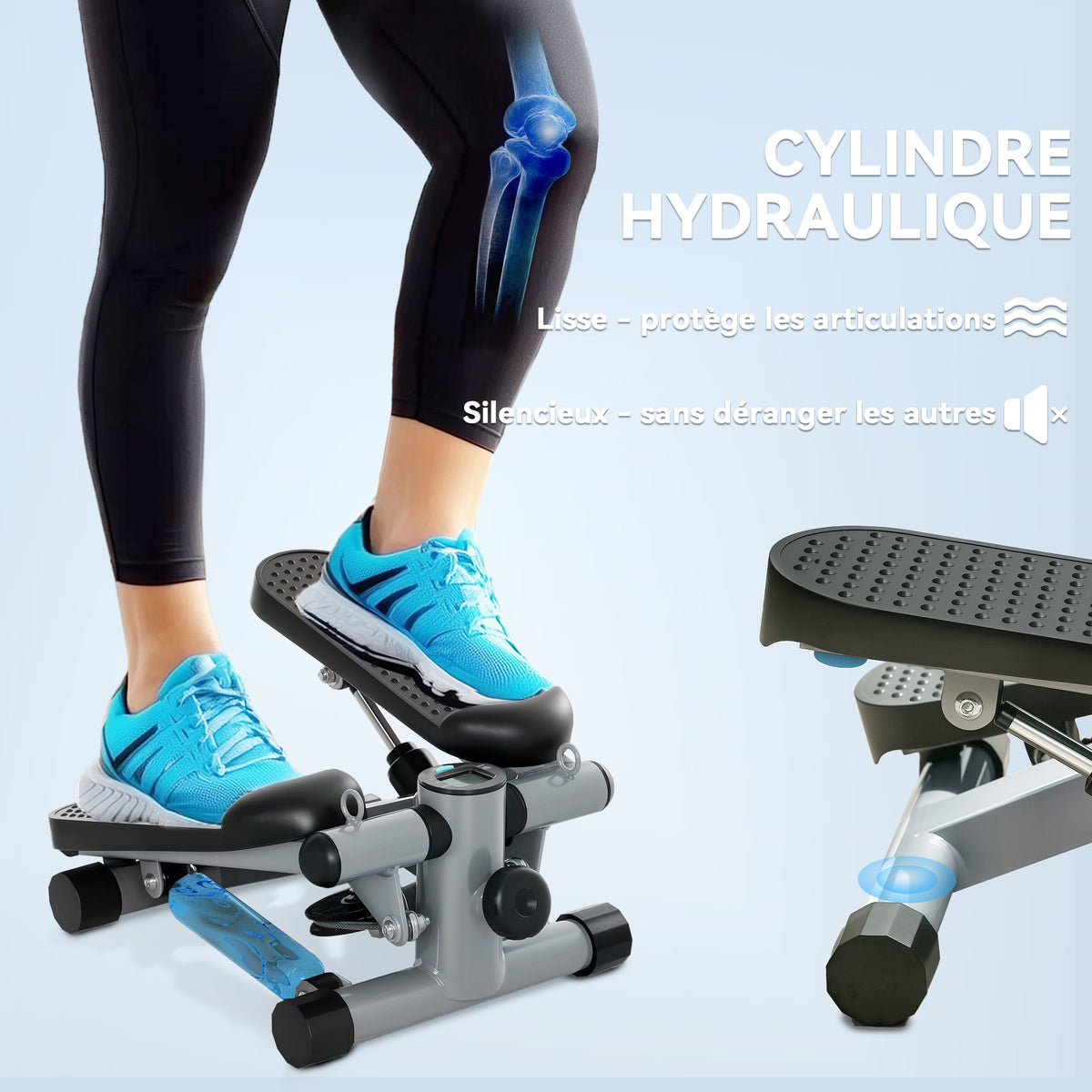 Mini stepper de fitness machine de step bandes de résistance, écran LCD et pédales antidérapantes 41x30,5x18,5cm gris