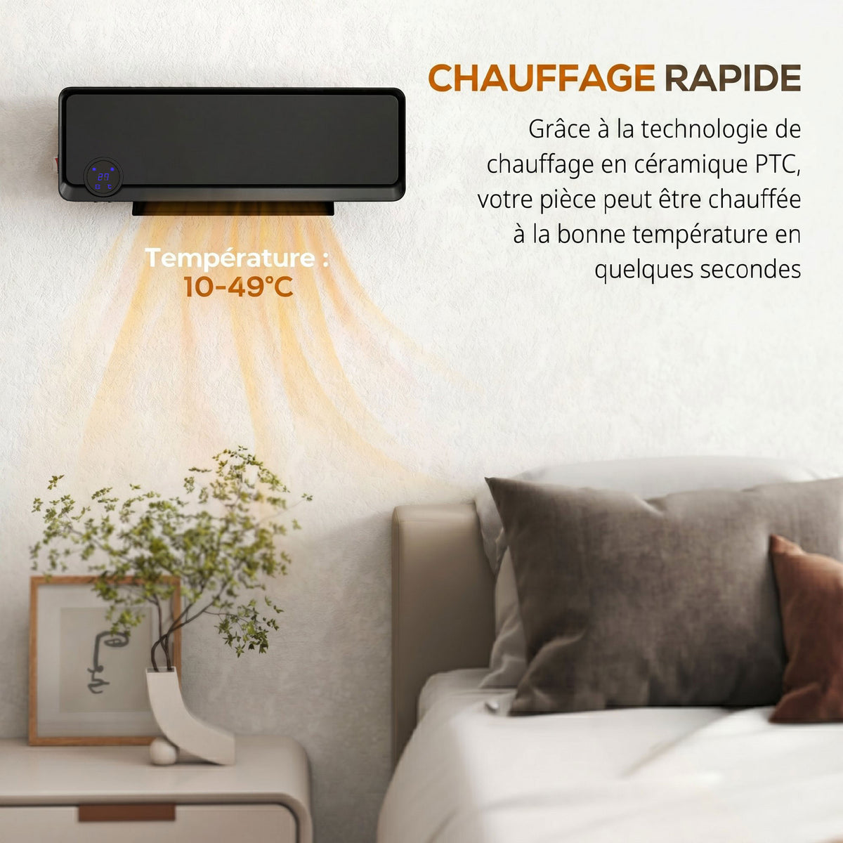 Oscillerende wandventilator 2000 W, PTC-keramische verwarming, 3 vermogensniveaus, 56x11,7x18,5 cm, Zwart