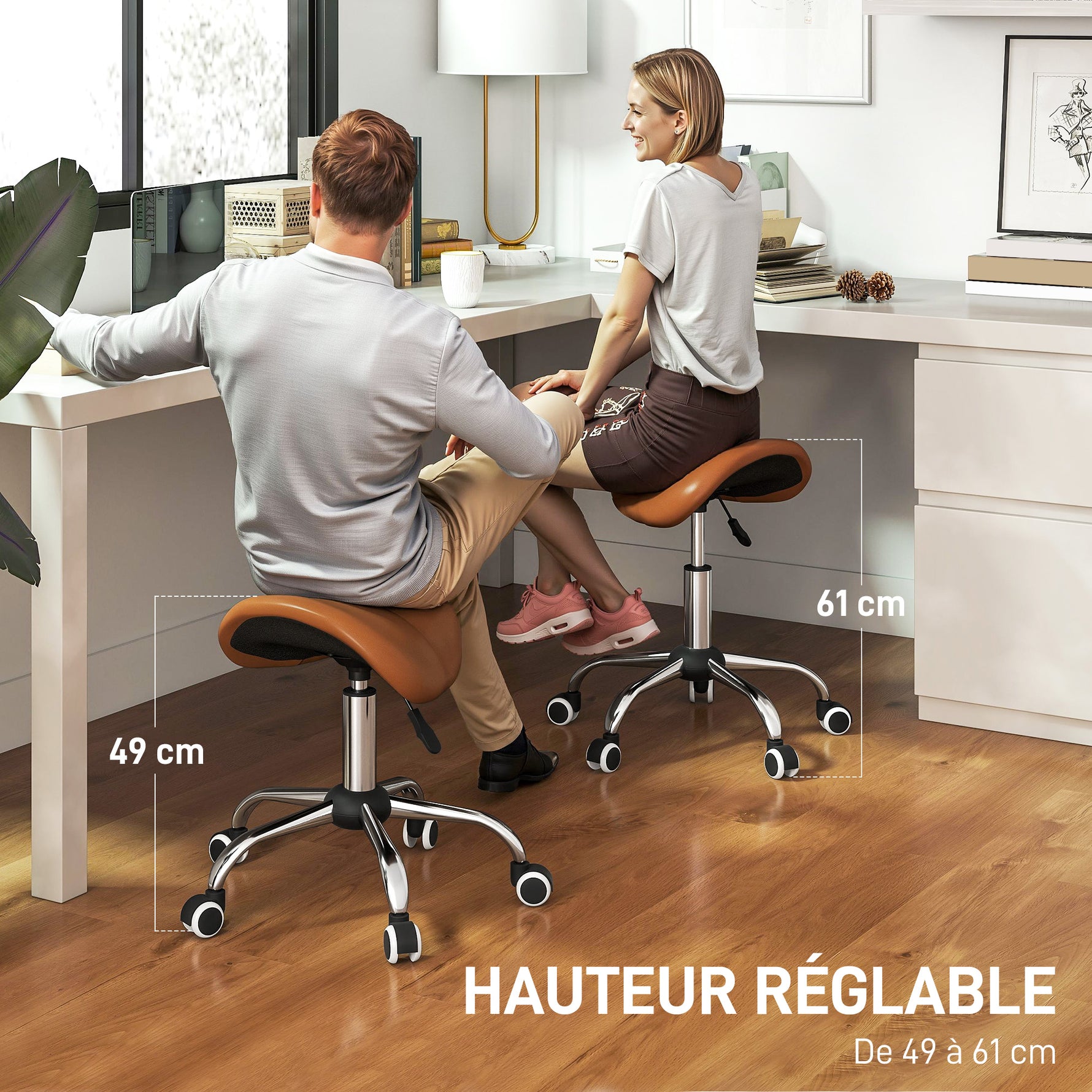 Tabouret à roulettes, chaise de travail avec hauteur réglable 49-61 cm et selle ergonomique, 52x53x49-61cm, marron
