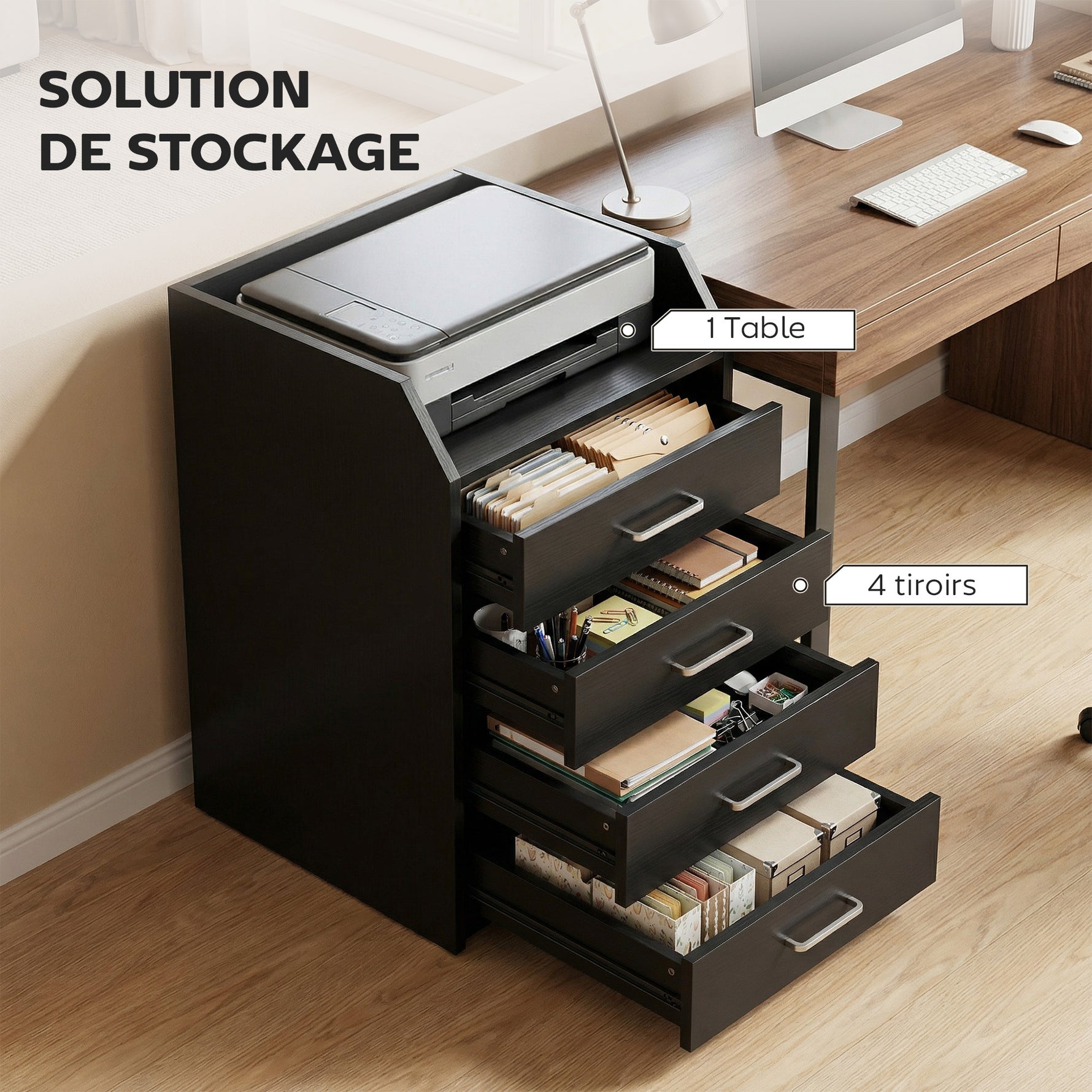 Caisson de bureau rangement sur roulettes 4 tiroirs coulissants en bois  40 x 36 x 65 cm noir