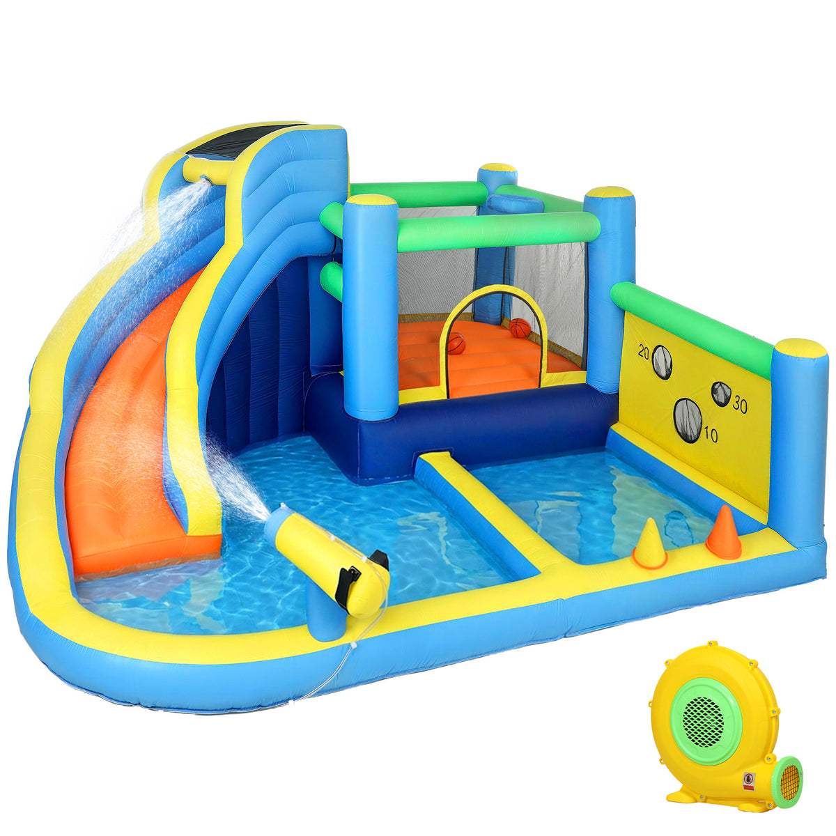 Château gonflable avec souffleur 8 en 1, parc aquatique, toboggan, trampoline, piscine à balles, oxford, multicolore