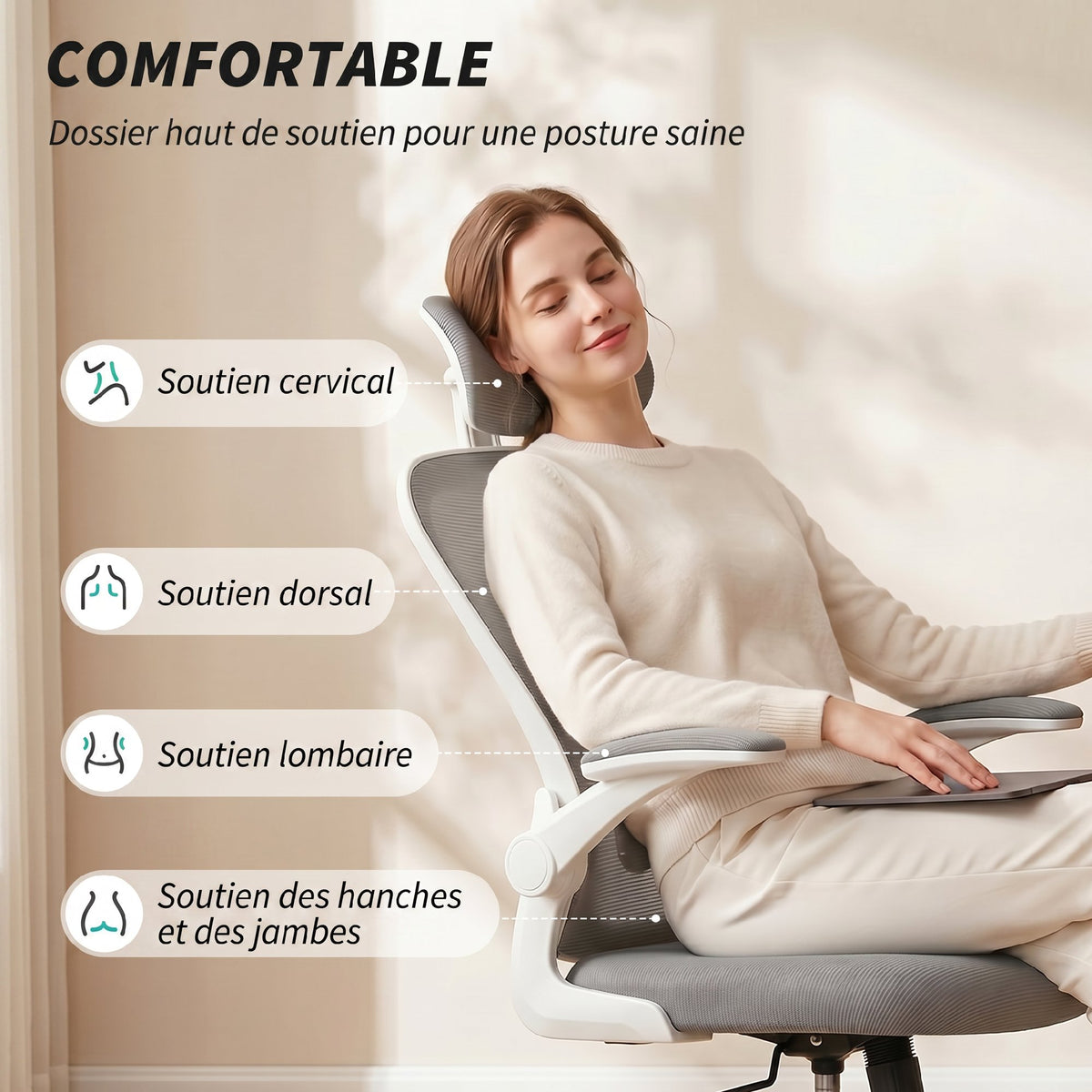 Chaise de Bureau Ergonomique, Fauteuil de Bureau en Maille avec Appui-Tête et Soutien Lombaire Réglables, Gris