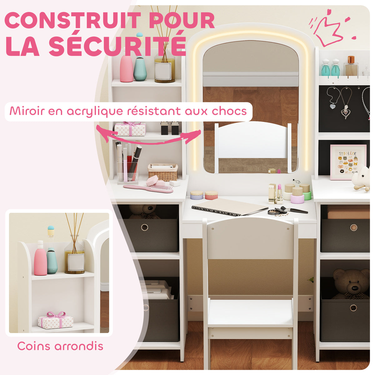 Coiffeuse pour enfants avec tabouret et miroir LED, table de maquillage pour 3 à 8 ans, 104 x 40 x 112 cm, blanc