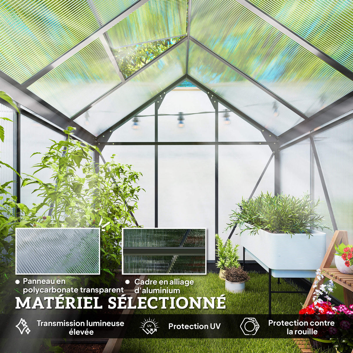 Serre de jardin polycarbonate 3,65m² 190 x 192 x 201 cm résistant aux UV fondation renforcé gouttière Gris
